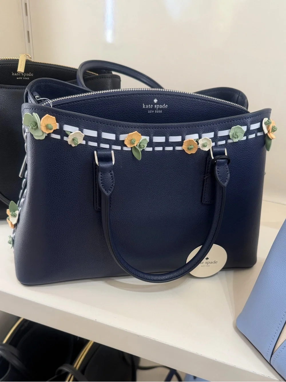 kate spade navy leather satchel with floral trim